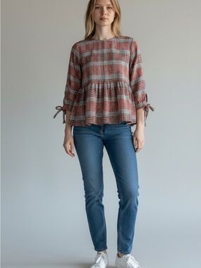 Umgee Plaid Tie-Sleeve Tunic